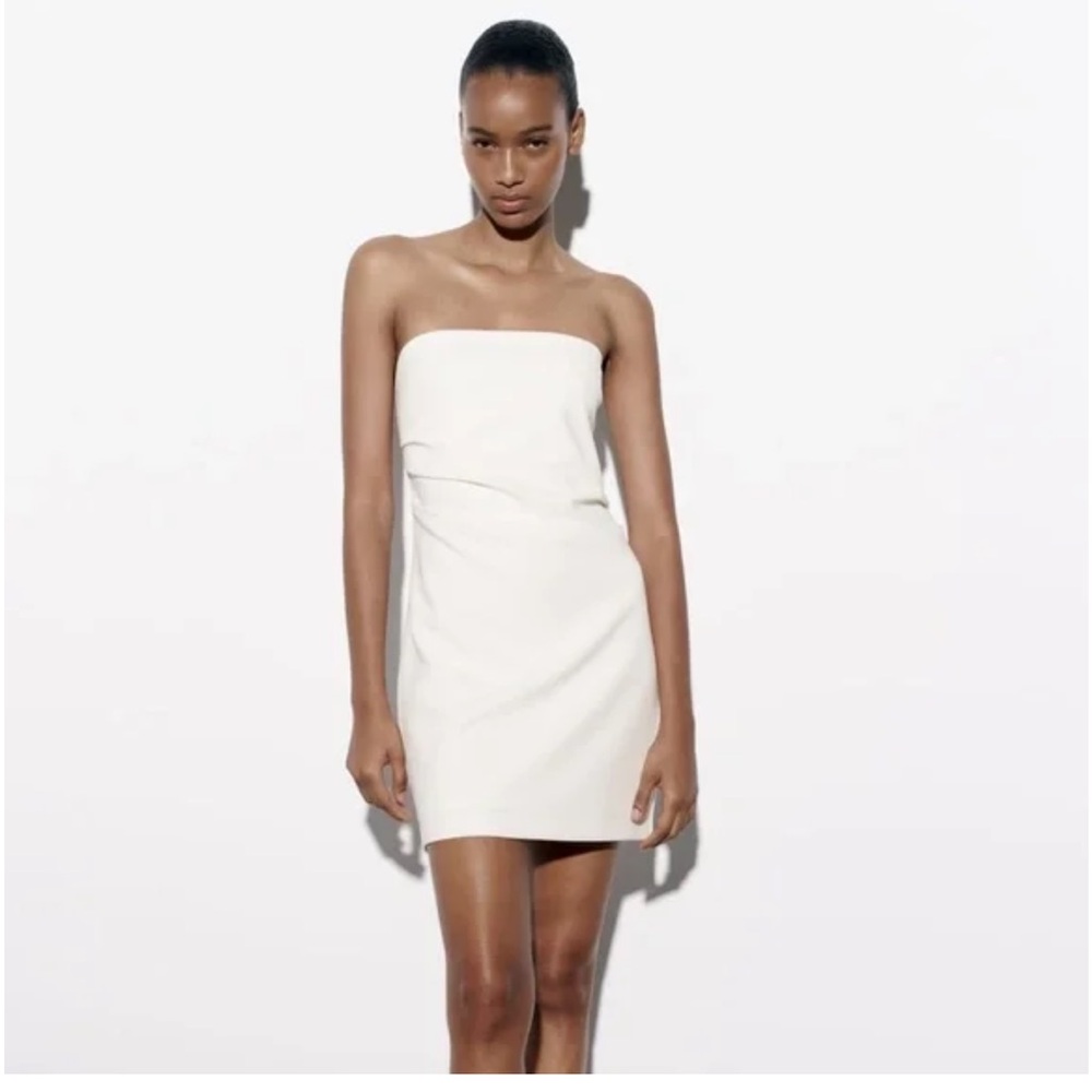 ZARA WHITE STRAPLESS MINI RUCHED DRESS